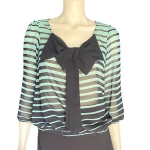 Teal green and black striped blouse with bow Size Medium